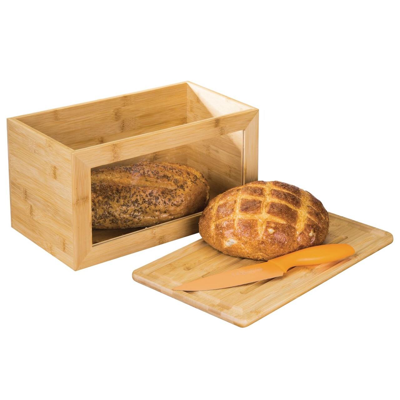 mDesign Bamboo Kitchen Countertop Bread Box, Clear Window, Lid - Natural Wood